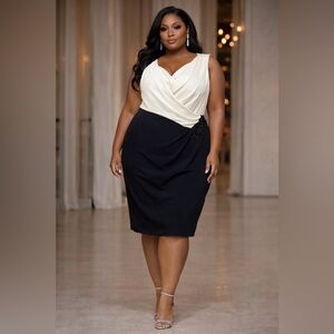 Plus Size Black & White Sleeveless Draped Dress With Beaded Detail Elegant Midi